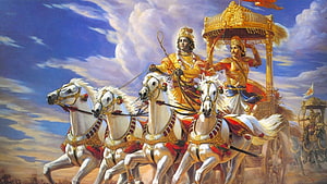 Krishna and Arjuna on the Divine Chariot in the Mahabharata Epic HD wallpaper
