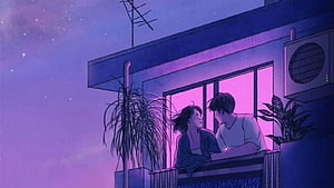 Romantic Anime Couple on Balcony Under Starry Night Sky with Neon Purple Glow HD wallpaper