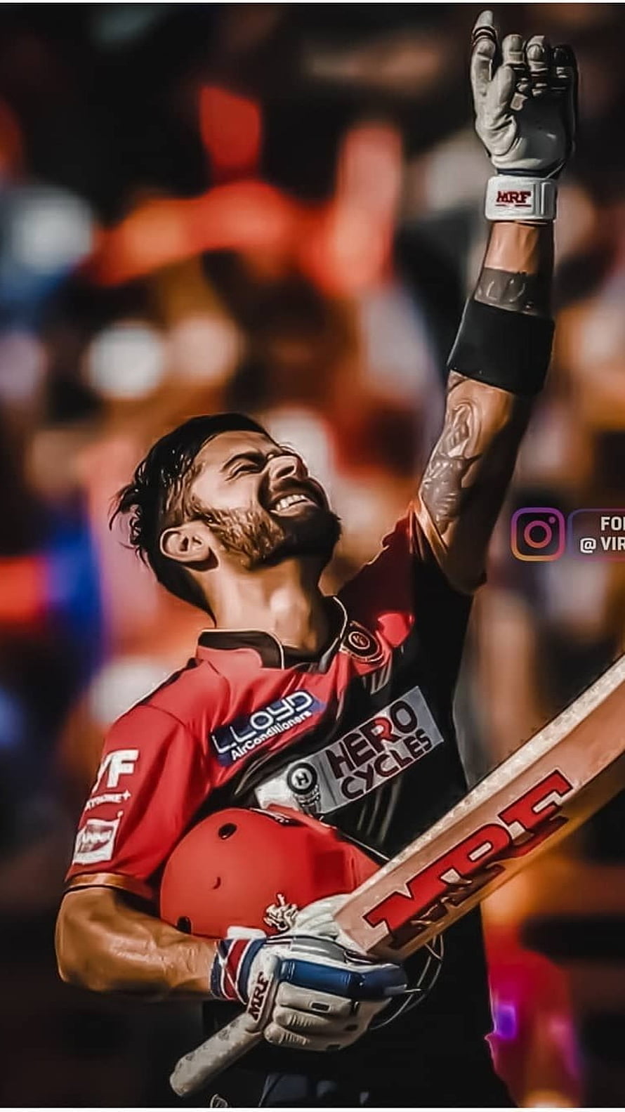 Virat Kohli Celebrating Victory in RCB Jersey with Cricket Bat and Helmet HD phone wallpaper