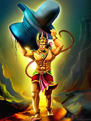 Hanuman Lifting Mount Meru in Vibrant Digital Art Style HD phone wallpaper