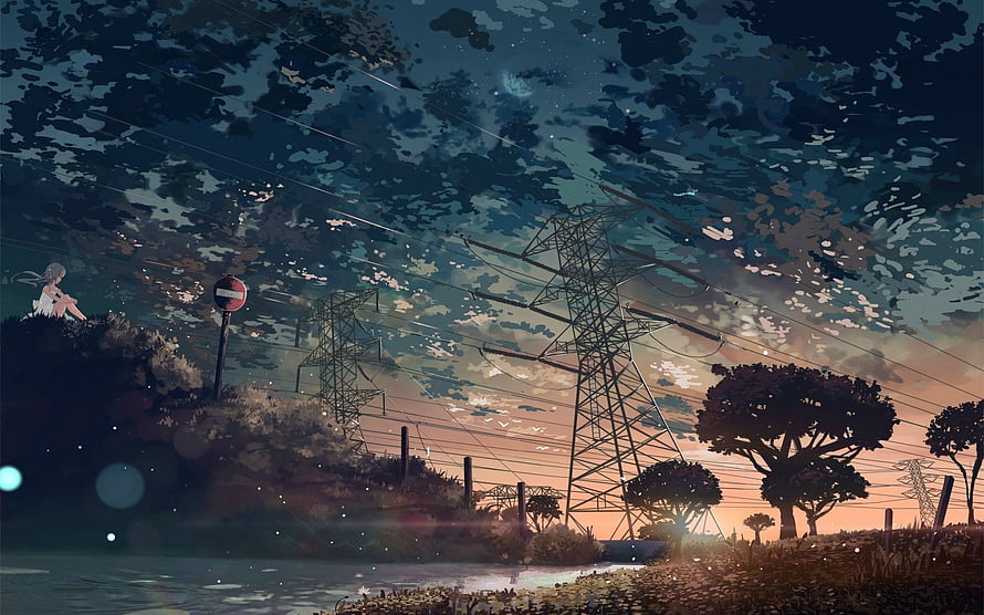 Anime Landscape with Power Lines and Twilight Sky HD wallpaper