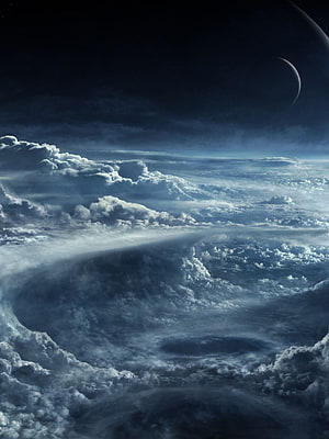 Dramatic View of a Massive Cloud Vortex and Distant Planet in Deep Space HD phone wallpaper