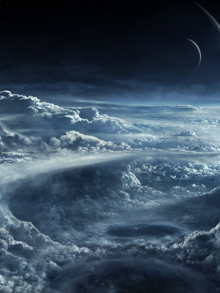 Dramatic View of a Massive Cloud Vortex and Distant Planet in Deep Space HD phone wallpaper