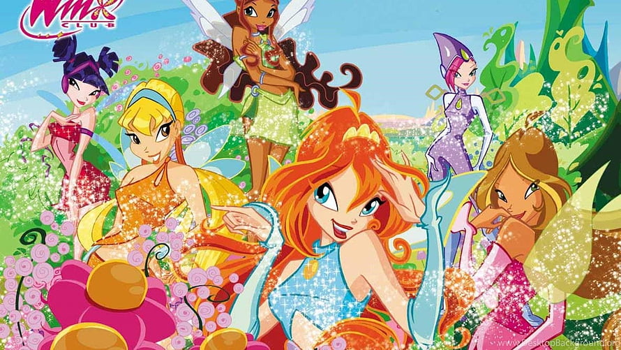 Winx Club Fairies in Vibrant Garden with Sparkles and Flowers HD wallpaper
