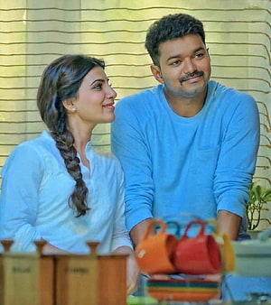 Vijay and Samantha in a warm romantic scene from the Tamil film Theri HD phone wallpaper