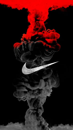 Nike Swoosh Logo Emerging From Red and Black Ink Smoke on Dark Background HD phone wallpaper