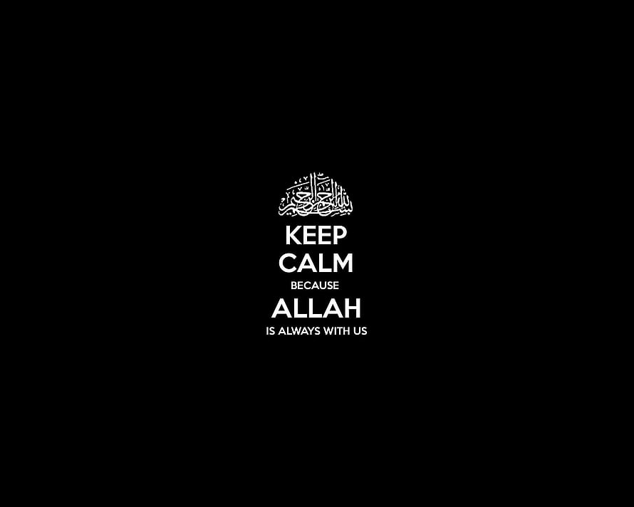 Minimalist Islamic Typography Design Featuring Keep Calm Phrase and Arabic Calligraphy on Black Background HD wallpaper