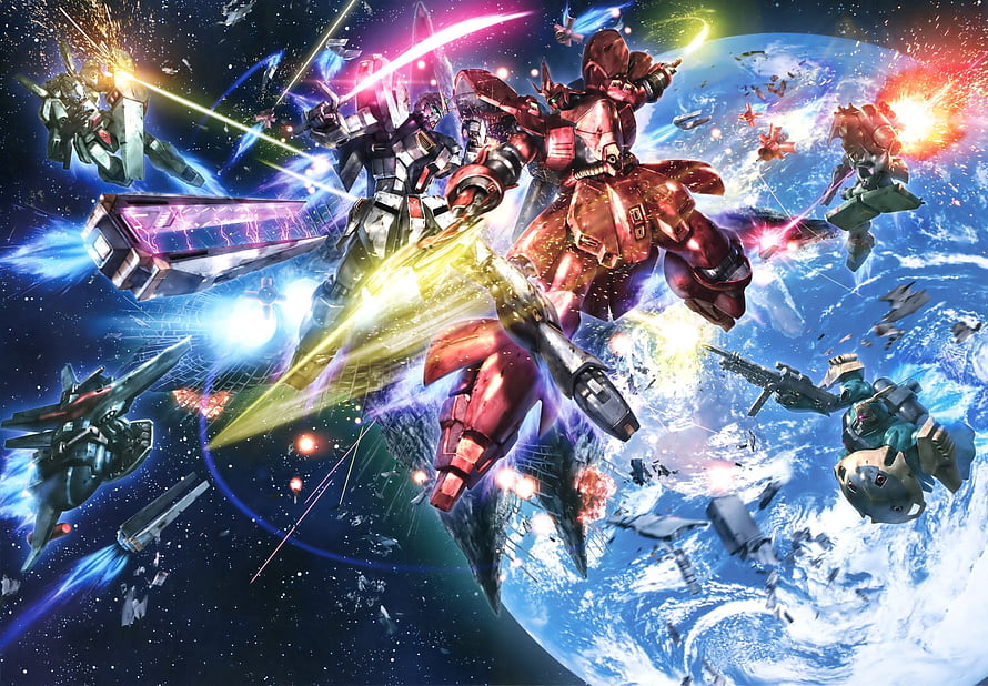 Gundam Char's Counterattack Space Battle with Sazabi and Jegan Mecha HD wallpaper