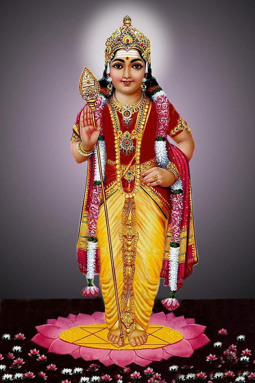 Lord Murugan Standing on Lotus with Vel and Traditional Attire HD phone wallpaper