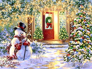 Festive Christmas Front Door With Snowman, Wreath, And Illuminated Pine Trees In Snow HD wallpaper