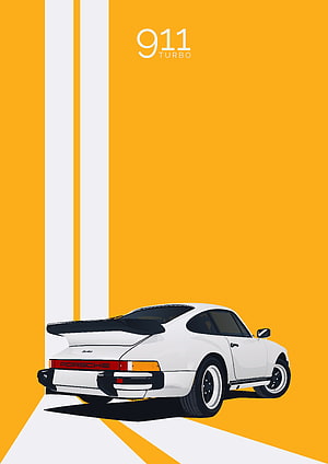 Minimalist White Porsche 911 Turbo Vector Illustration on Yellow Background HD phone wallpaper