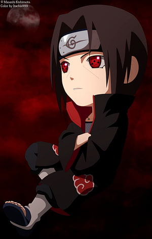 Chibi Itachi Uchiha in Akatsuki Cloak with Sharingan Eyes Against Dark Red Background HD phone wallpaper