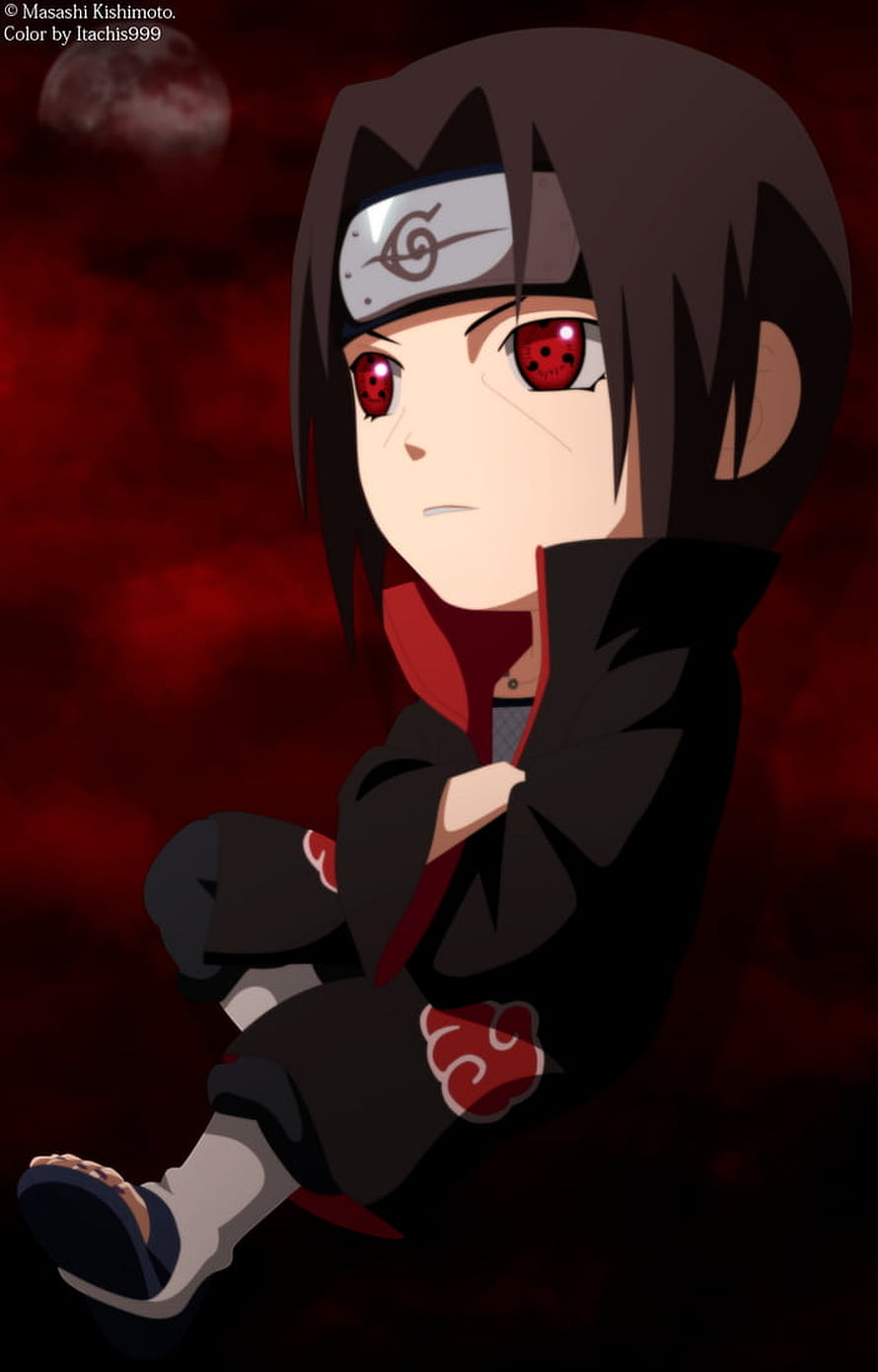 Chibi Itachi Uchiha in Akatsuki Cloak with Sharingan Eyes Against Dark Red Background HD phone wallpaper