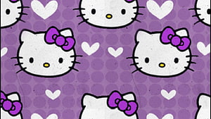 Cute Hello Kitty Pattern Wallpaper with Purple Hearts and Polka Dots HD wallpaper