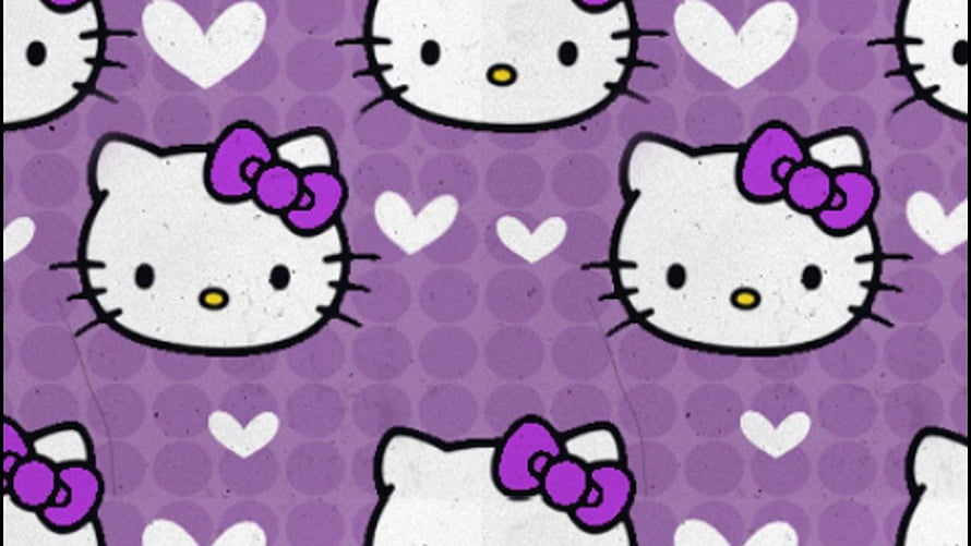 Cute Hello Kitty Pattern Wallpaper with Purple Hearts and Polka Dots HD wallpaper