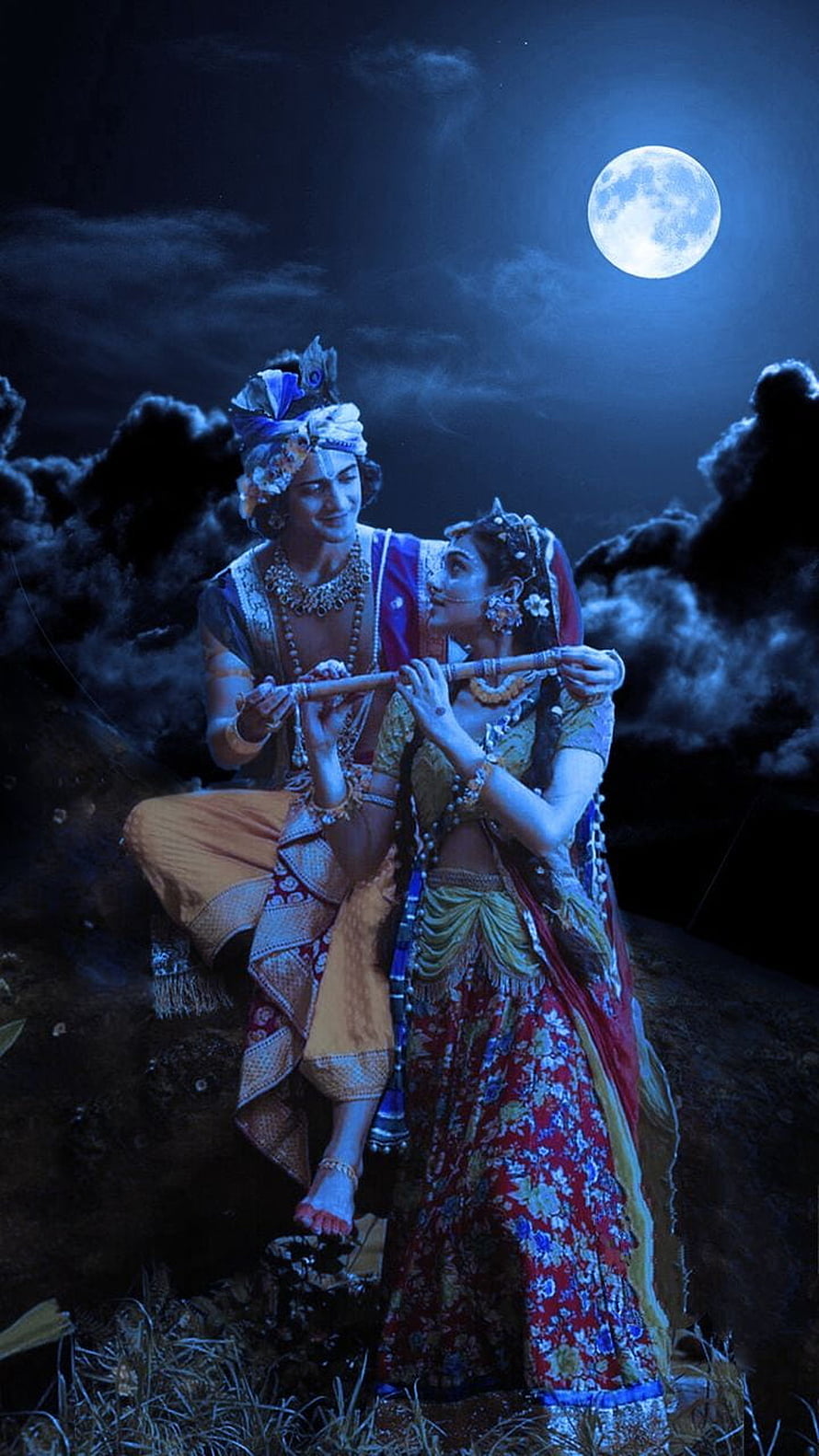 Radha Krishna Playing Flute Under Full Moon in Traditional Indian Attire HD phone wallpaper