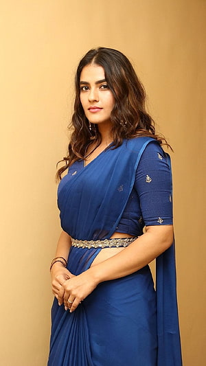 Kavya Thapar in a Royal Blue Saree with Silver Embellishments HD phone wallpaper