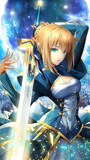 Saber Artoria Pendragon Wielding Excalibur in Blue Knight Armor HD phone wallpaper
