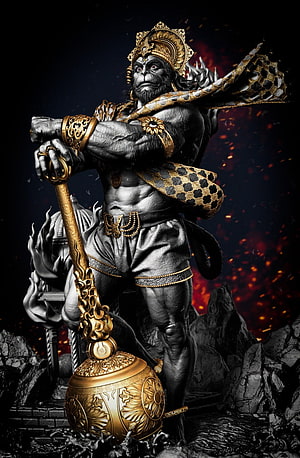 Bajrang Bali Warrior Statue Holding Golden Mace in Dramatic Fantasy Art HD phone wallpaper