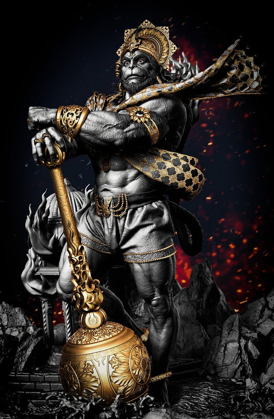 Bajrang Bali Warrior Statue Holding Golden Mace in Dramatic Fantasy Art HD phone wallpaper