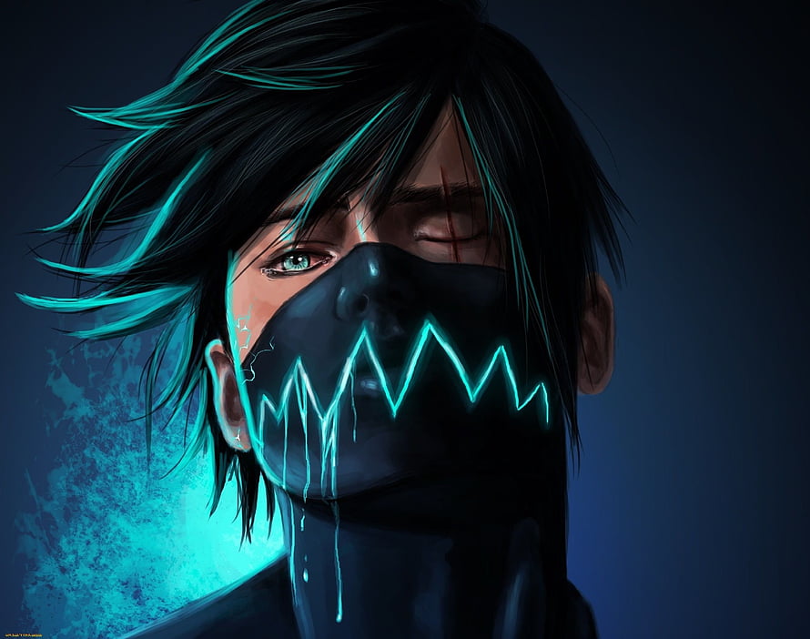 Stylized Digital Portrait of a Young Man Wearing a Glowing Neon Mask HD wallpaper