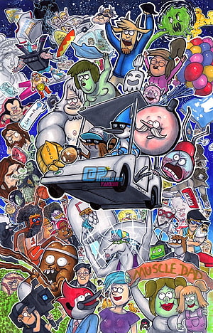 Regular Show Character Collage with Muscle Dad and Mordecai in a Car HD phone wallpaper