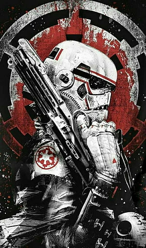 Imperial Stormtrooper Holding Blaster Rifle Against Galactic Empire Emblem HD phone wallpaper