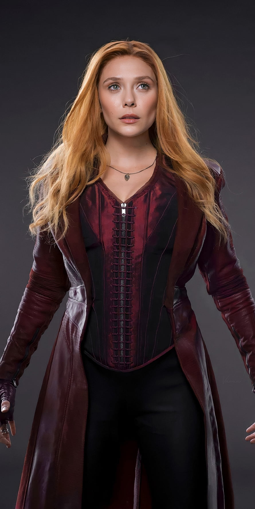 Elizabeth Olsen as Wanda Maximoff in a dark red leather coat and corseted bodice HD phone wallpaper