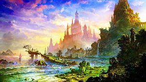 Majestic Fantasy Castle Rising from Misty Coastline at Golden Hour HD wallpaper