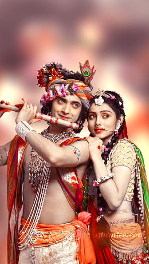 Radha Krishna in Traditional Indian Attire with Flute and Floral Headdress HD phone wallpaper