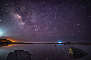 Milky Way Galaxy Arching Over a Calm Desert Lake at Night with Star Reflections HD wallpaper