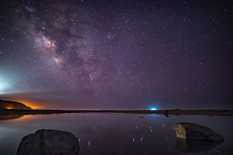 Milky Way Galaxy Arching Over a Calm Desert Lake at Night with Star Reflections HD wallpaper
