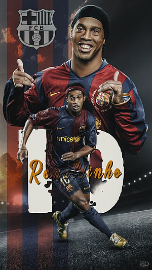 Ronaldinho in Barcelona Kit with FCB Crest and Number 10 HD phone wallpaper