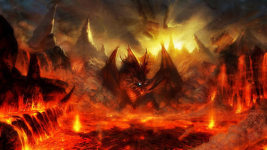 Fiery Dragon Rising from a Volcanic Inferno in a Dark Fantasy Landscape HD wallpaper