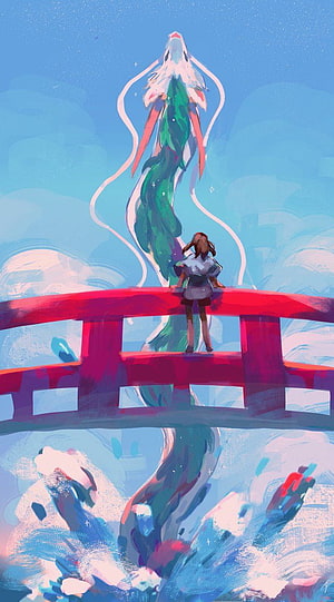 Girl on Red Bridge Gazing at Haku Dragon in Studio Ghibli Style HD phone wallpaper