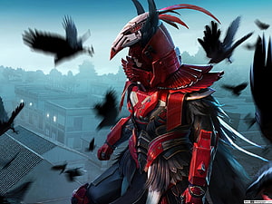 Blood Raven X Suit Samurai Warrior in PUBG with Crows and Misty Village HD wallpaper