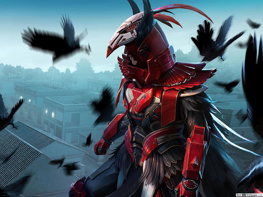 Blood Raven X Suit Samurai Warrior in PUBG with Crows and Misty Village HD wallpaper
