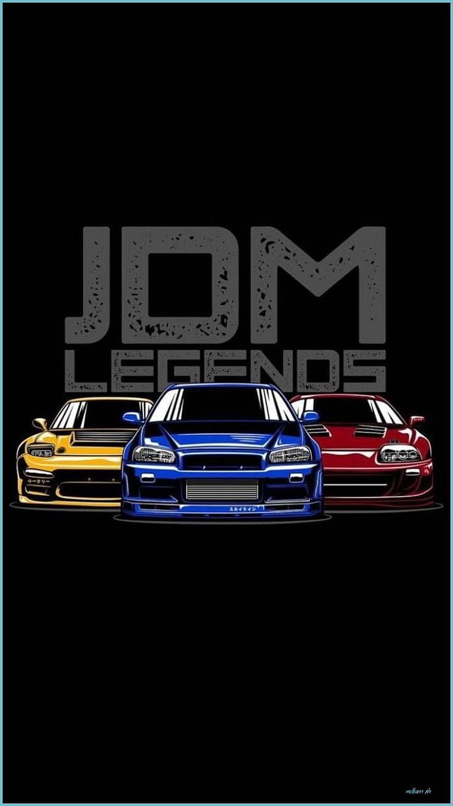 JDM Legends Graphic Art Featuring Three Classic Japanese Sports Cars on Black Background HD phone wallpaper