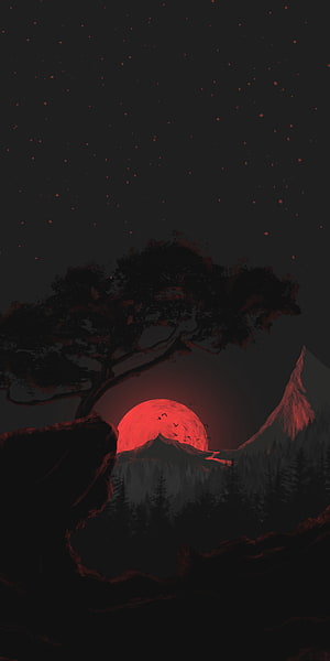 Dark Minimalist Landscape with Red Sun, Silhouetted Tree, and Mountain Peaks HD phone wallpaper