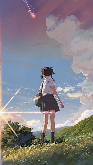 Anime Girl in School Uniform Watching a Shooting Star in a Grass Field HD phone wallpaper