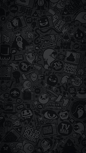 Dark Monochrome Doodle Pattern with TV Kills Everything and Vellain Branding HD phone wallpaper
