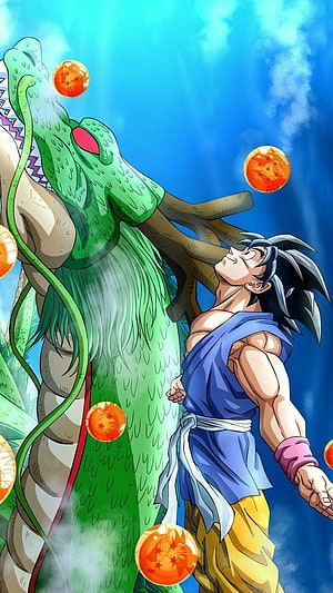 Goku and Shenron with Dragon Balls in Dragon Ball GT Anime Illustration HD phone wallpaper
