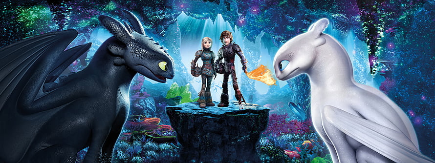 How to Train Your Dragon: The Hidden World Toothless and Light Fury in Bioluminescent Cave HD wallpaper