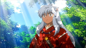 InuYasha in Red Kimono Standing in Sunlit Forest with Dog Ears and Long White Hair HD wallpaper