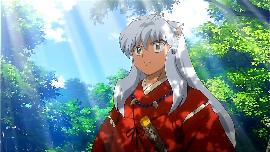 InuYasha in Red Kimono Standing in Sunlit Forest with Dog Ears and Long White Hair HD wallpaper