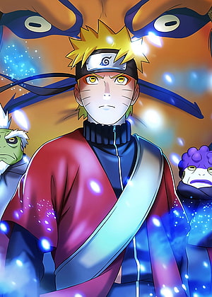 Naruto Uzumaki Sage Mode Portrait with Toads and Glowing Chakra Aura HD phone wallpaper