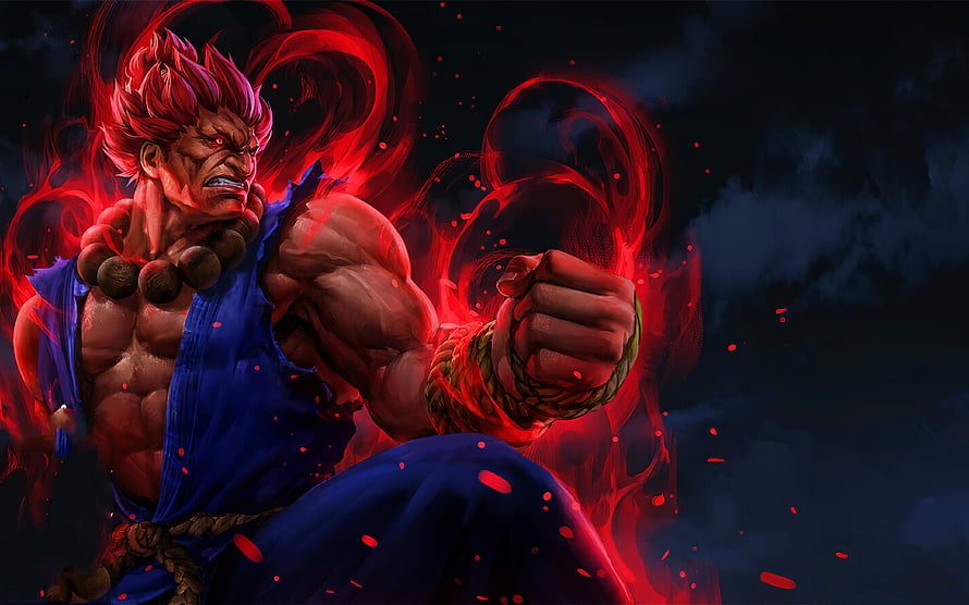 Akuma from Street Fighter in a Fierce Battle Pose Surrounded by Crimson Energy HD wallpaper