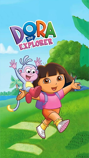Dora the Explorer and Boots Running Through a Sunny Green Meadow HD phone wallpaper