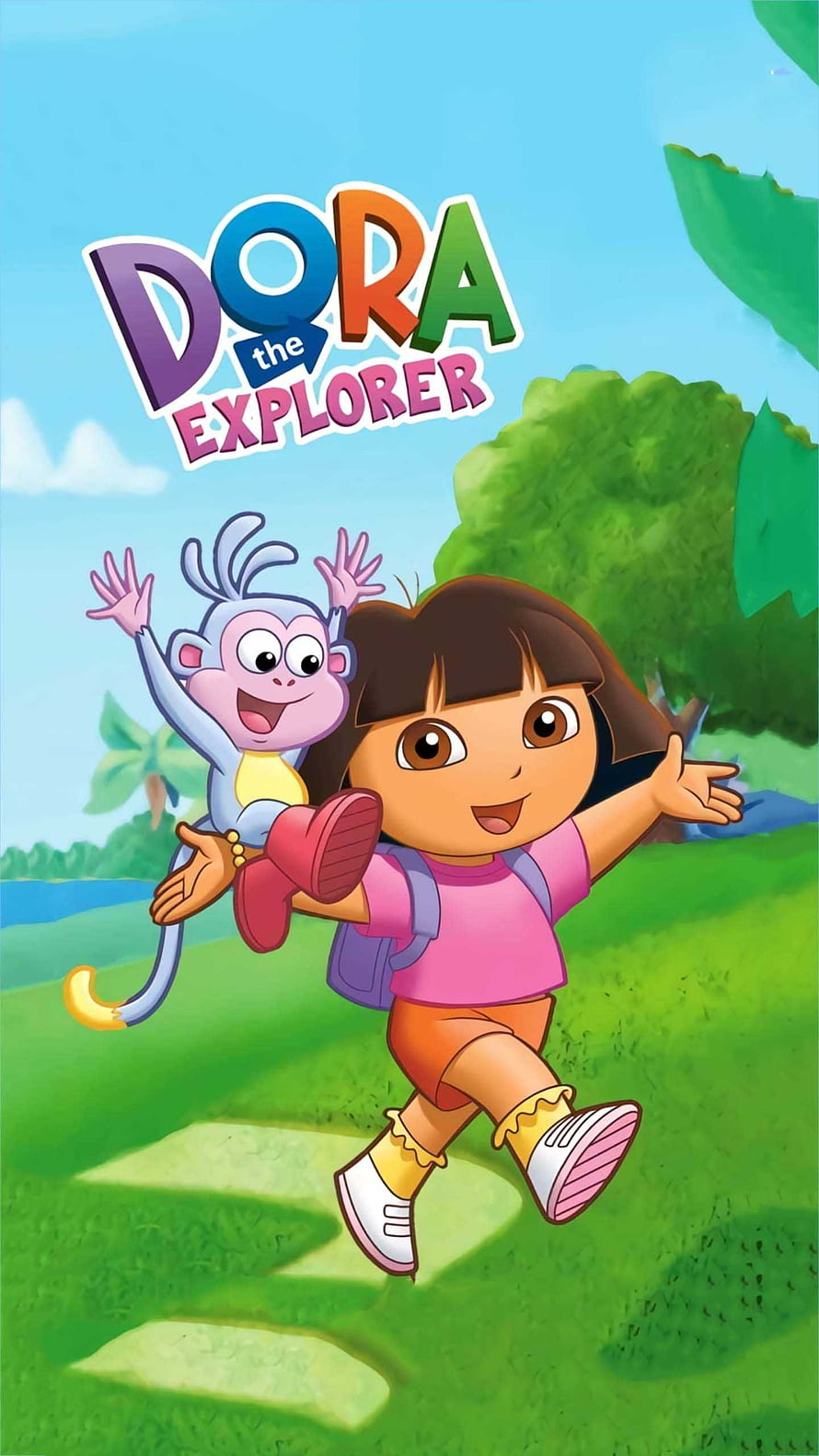 Dora the Explorer and Boots Running Through a Sunny Green Meadow HD phone wallpaper