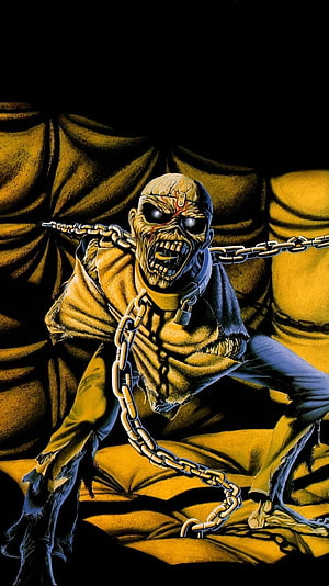 Iron Maiden Eddie the Head Chained in Yellow Tattered Robes HD phone wallpaper